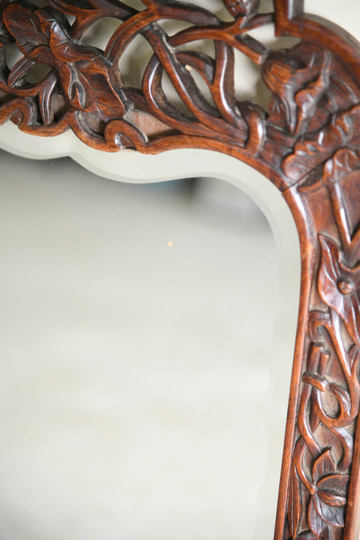 Large Carved Hardwood Wall Mirror with Floral & Bird Detail