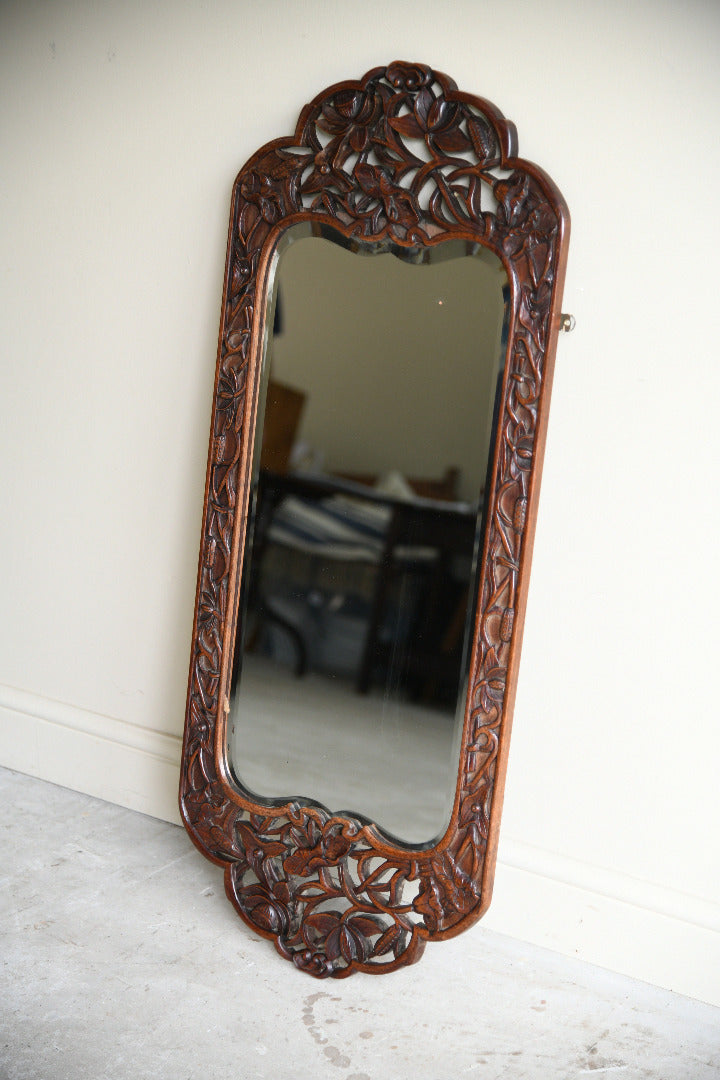 Large Carved Hardwood Wall Mirror with Floral & Bird Detail