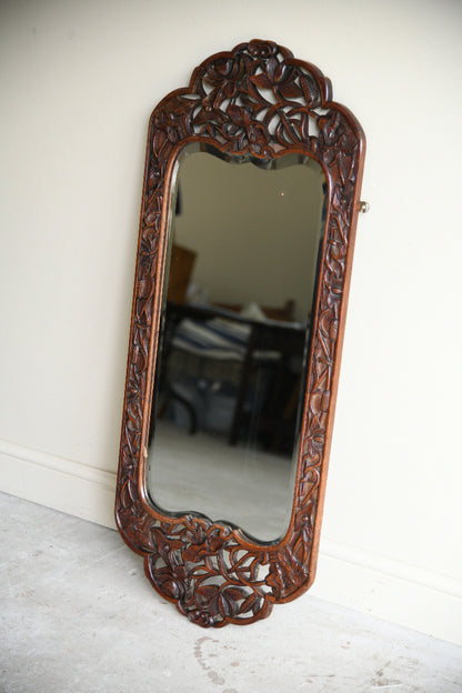 Large Carved Hardwood Wall Mirror with Floral & Bird Detail