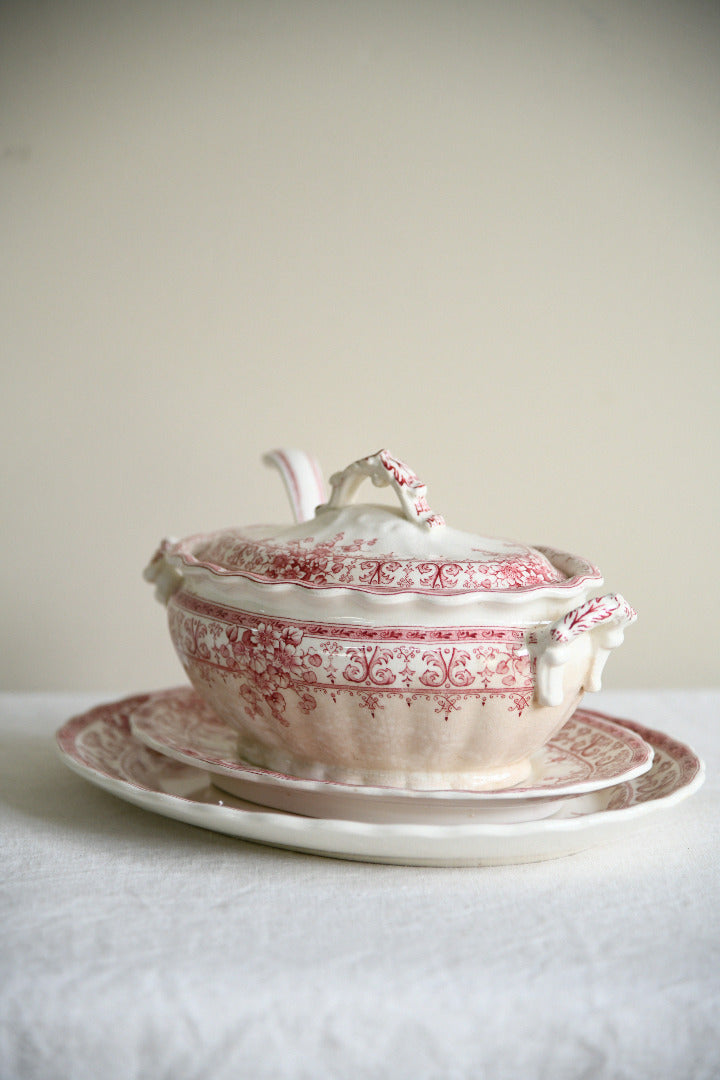 Antique Keeling & Co Oxford Red Transferware Sauce Tureen Ladle & Oval Plate