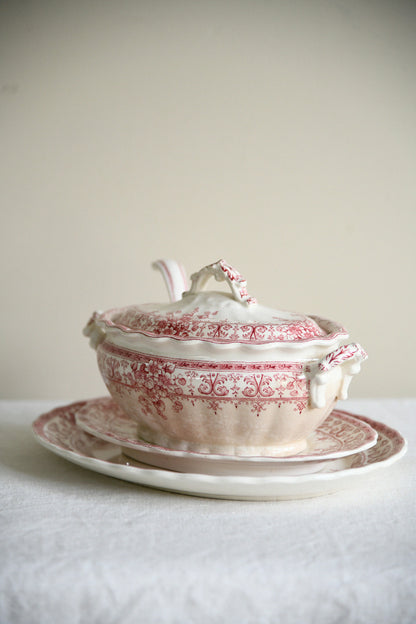 Antique Keeling & Co Oxford Red Transferware Sauce Tureen Ladle & Oval Plate