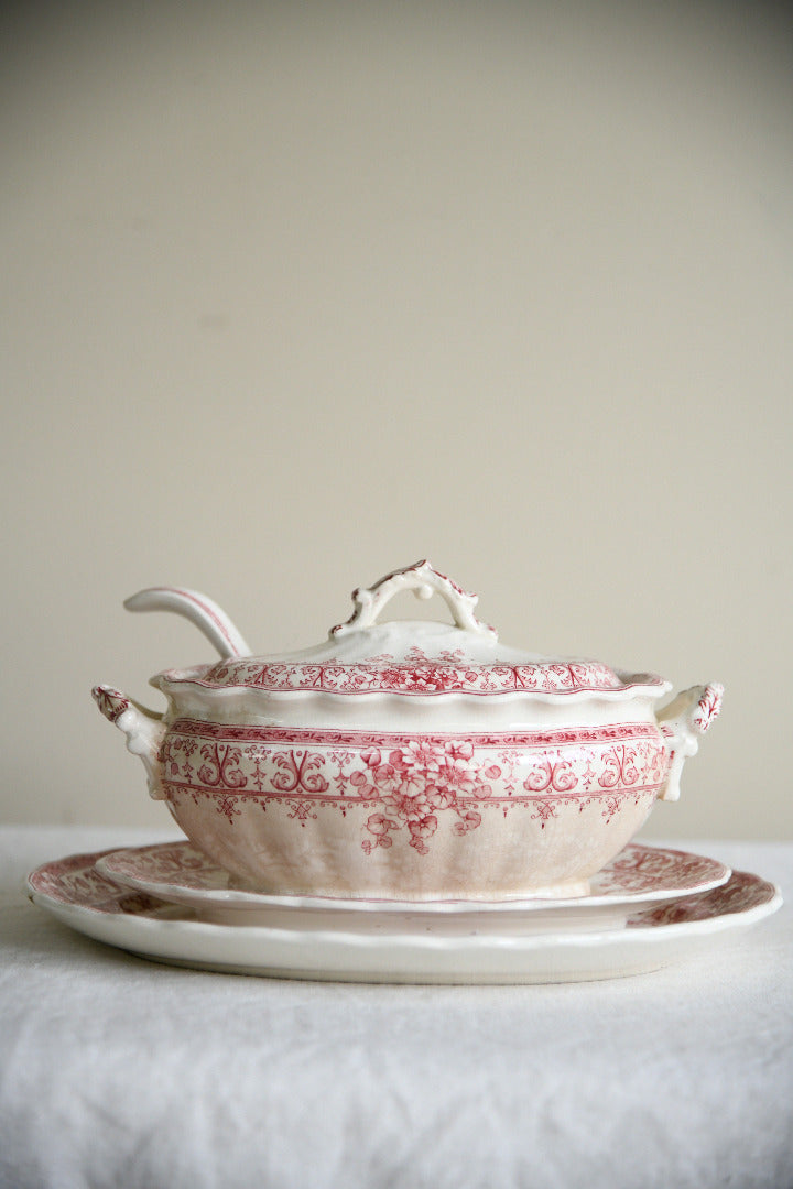Antique Keeling & Co Oxford Red Transferware Sauce Tureen Ladle & Oval Plate