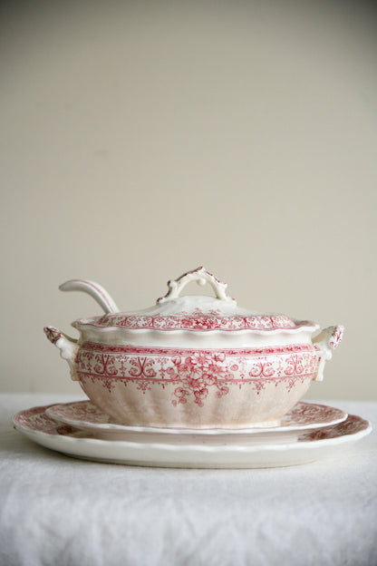 Antique Keeling & Co Oxford Red Transferware Sauce Tureen Ladle & Oval Plate