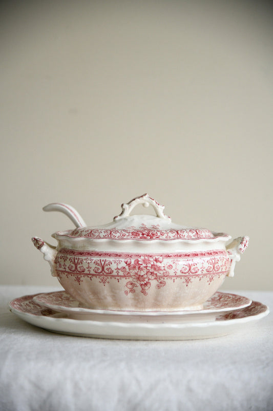 Antique Keeling & Co Oxford Red Transferware Sauce Tureen Ladle & Oval Plate