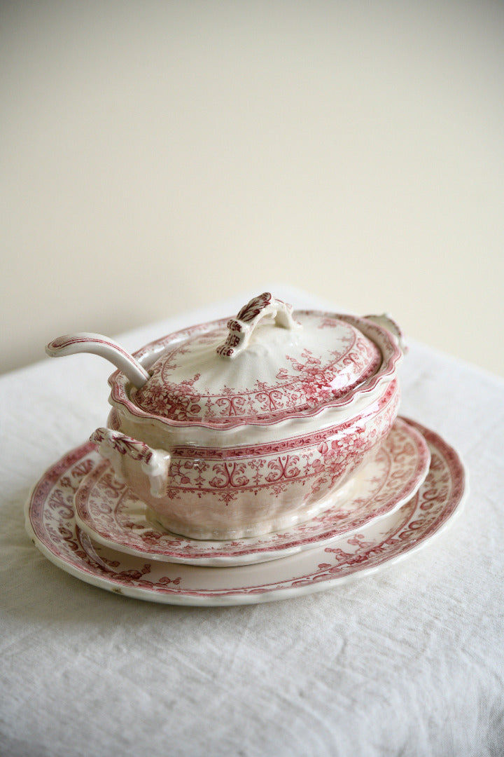 Antique Keeling & Co Oxford Red Transferware Sauce Tureen Ladle & Oval Plate
