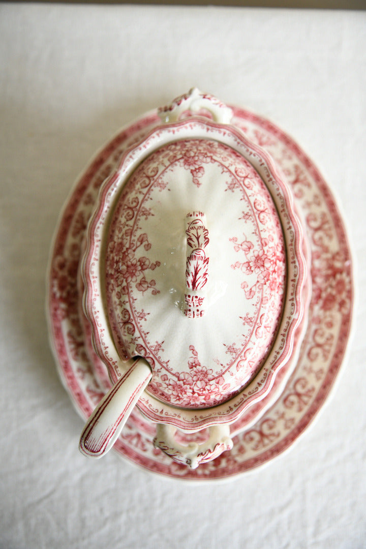 Antique Keeling & Co Oxford Red Transferware Sauce Tureen Ladle & Oval Plate