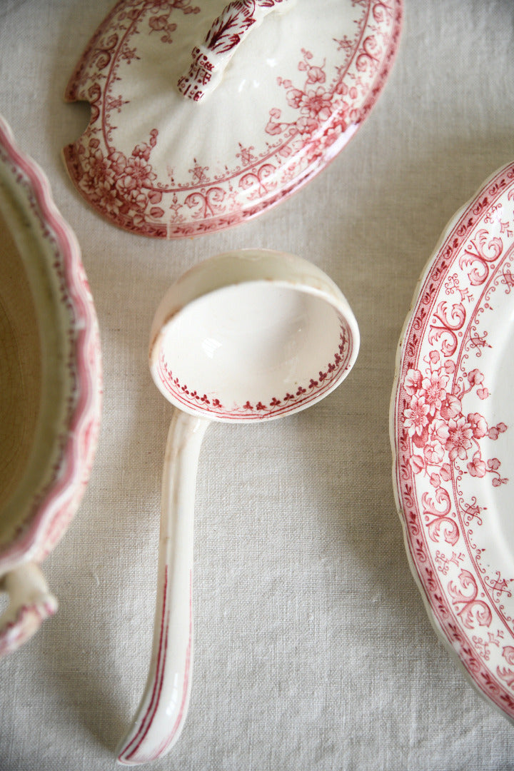 Antique Keeling & Co Oxford Red Transferware Sauce Tureen Ladle & Oval Plate