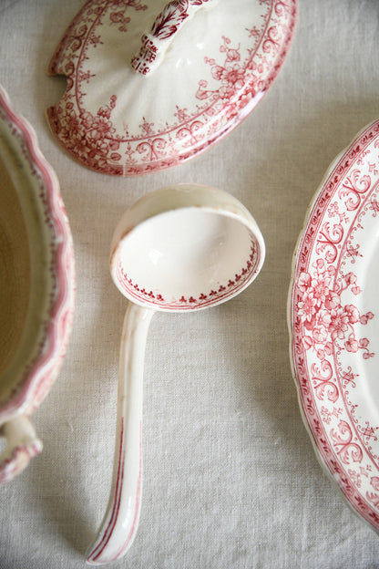 Antique Keeling & Co Oxford Red Transferware Sauce Tureen Ladle & Oval Plate