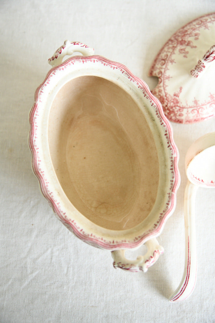 Antique Keeling & Co Oxford Red Transferware Sauce Tureen Ladle & Oval Plate