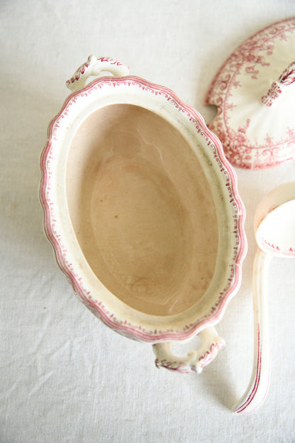 Antique Keeling & Co Oxford Red Transferware Sauce Tureen Ladle & Oval Plate