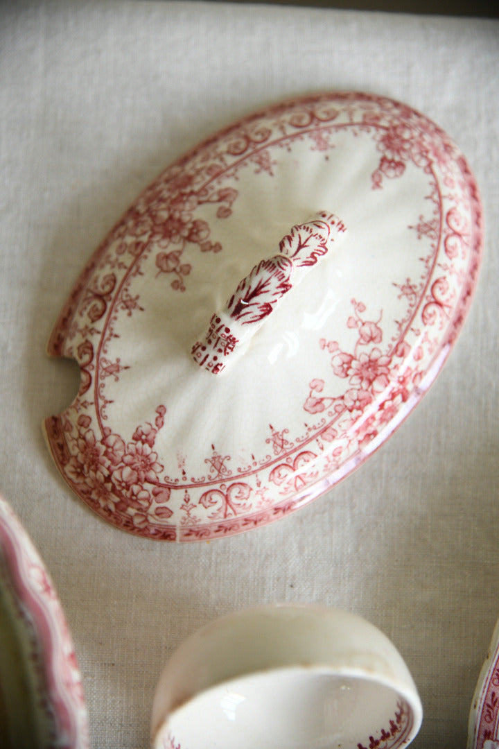 Antique Keeling & Co Oxford Red Transferware Sauce Tureen Ladle & Oval Plate