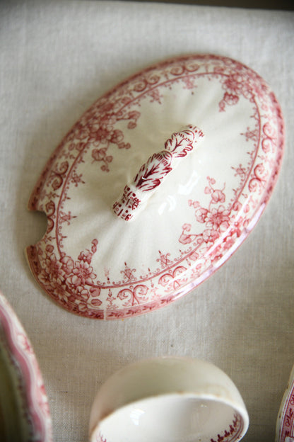 Antique Keeling & Co Oxford Red Transferware Sauce Tureen Ladle & Oval Plate