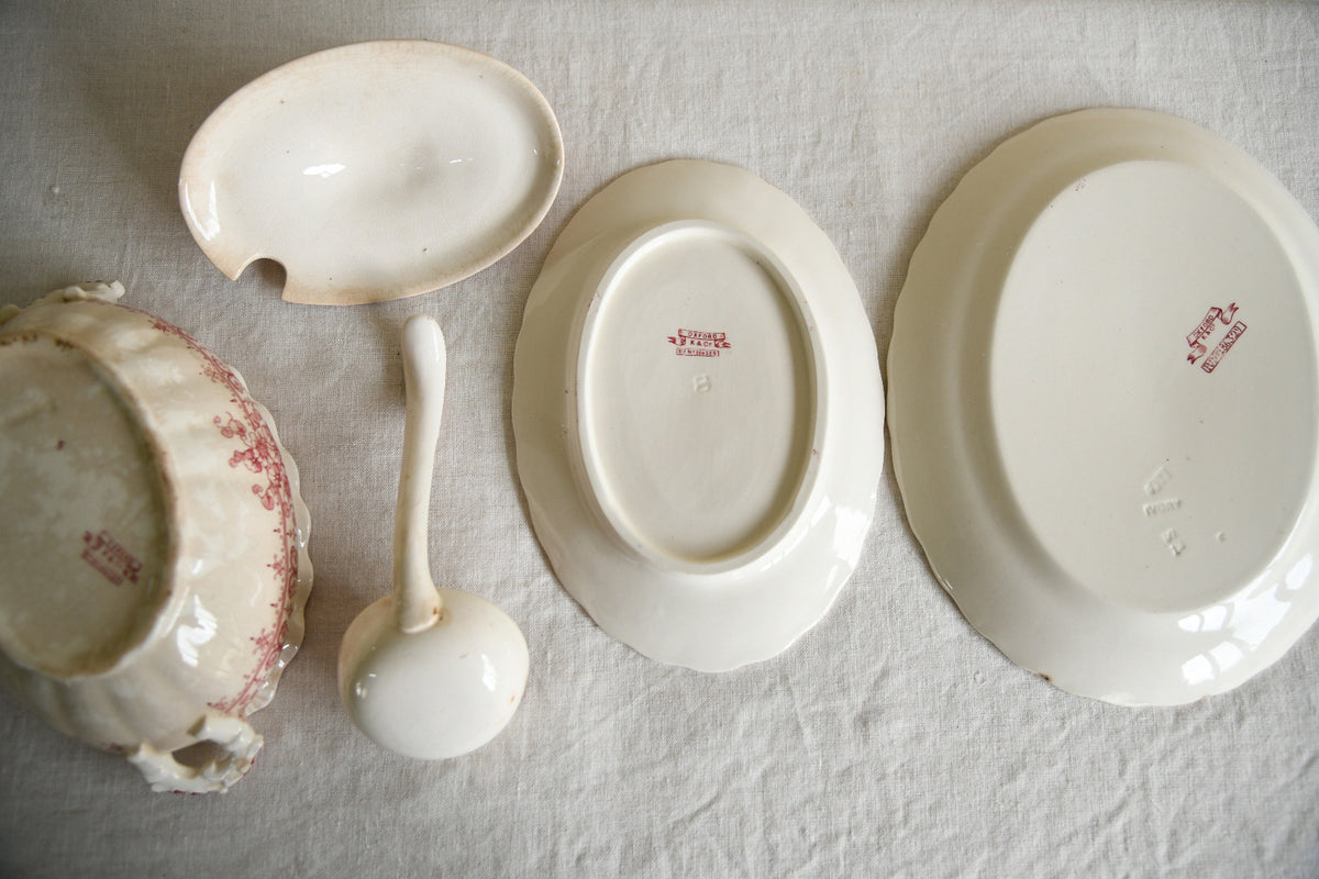 Antique Keeling & Co Oxford Red Transferware Sauce Tureen Ladle & Oval Plate