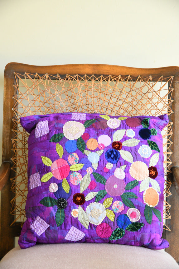 Handmade Purple Silk Appliqu� Floral Cushion