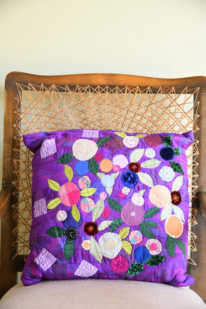 Handmade Purple Silk Appliqu� Floral Cushion