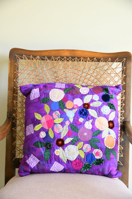 Handmade Purple Silk Appliqu� Floral Cushion