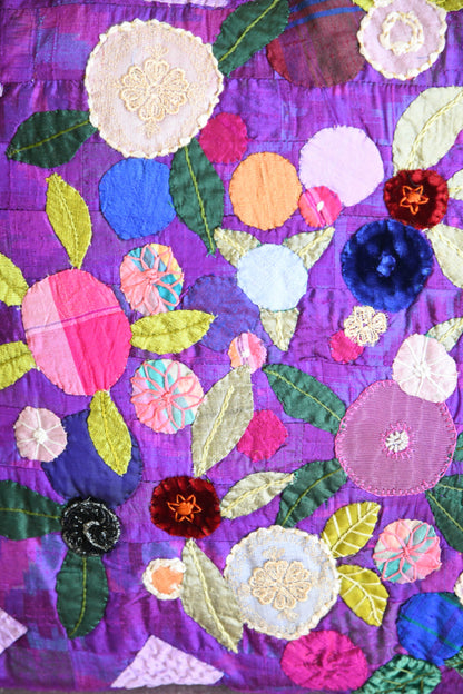 Handmade Purple Silk Appliqu� Floral Cushion
