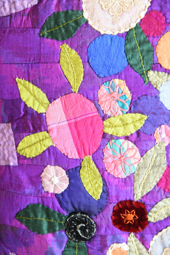 Handmade Purple Silk Appliqu� Floral Cushion