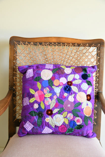 Handmade Purple Silk Appliqu� Floral Cushion
