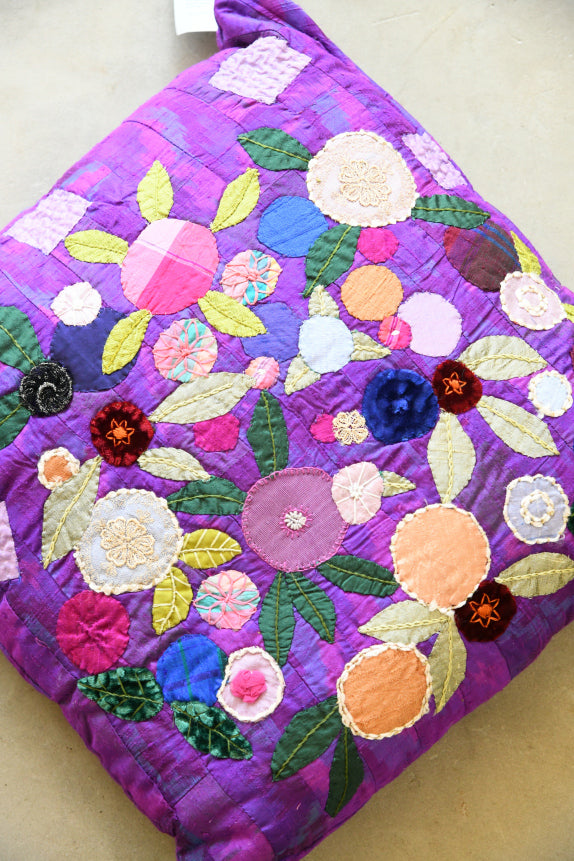 Handmade Purple Silk Appliqu� Floral Cushion