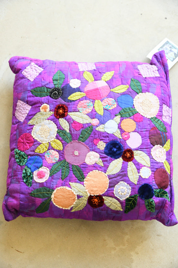 Handmade Purple Silk Appliqu� Floral Cushion