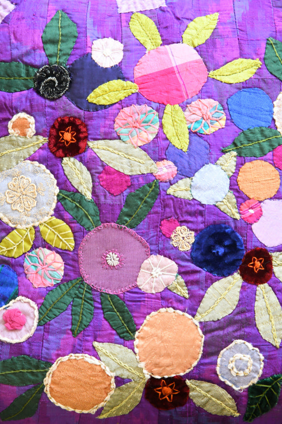 Handmade Purple Silk Appliqu� Floral Cushion