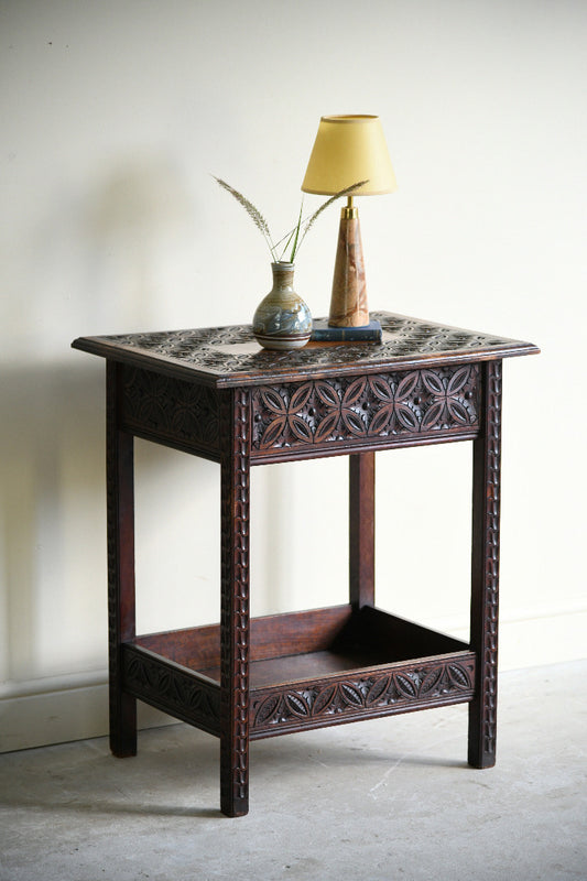 Arts and Crafts Carved Oak Side Table with Lift Up Top