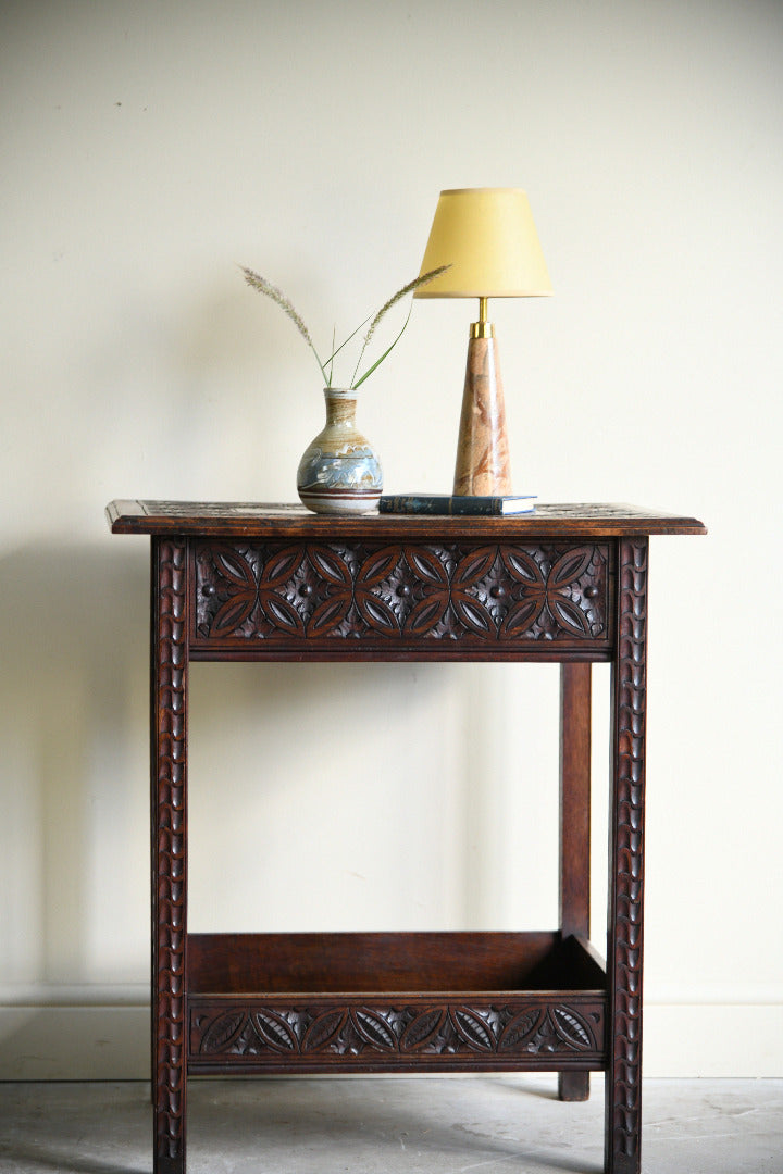 Arts and Crafts Carved Oak Side Table with Lift Up Top