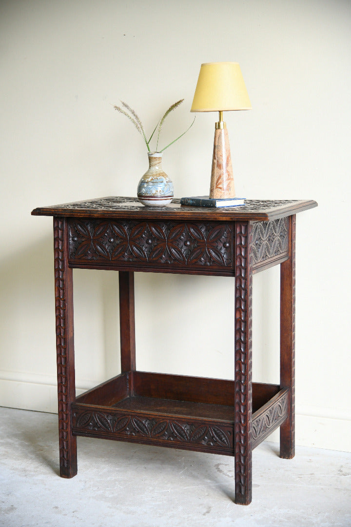 Arts and Crafts Carved Oak Side Table with Lift Up Top