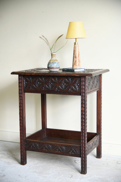 Arts and Crafts Carved Oak Side Table with Lift Up Top