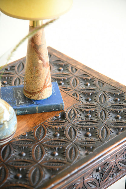 Arts and Crafts Carved Oak Side Table with Lift Up Top