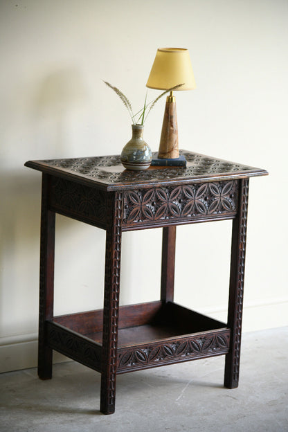 Arts and Crafts Carved Oak Side Table with Lift Up Top