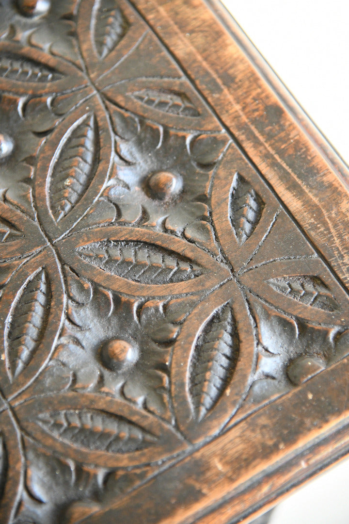 Arts and Crafts Carved Oak Side Table with Lift Up Top