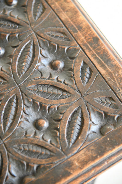 Arts and Crafts Carved Oak Side Table with Lift Up Top