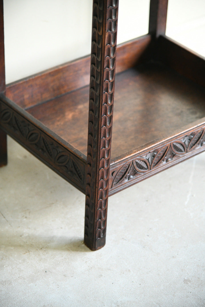 Arts and Crafts Carved Oak Side Table with Lift Up Top