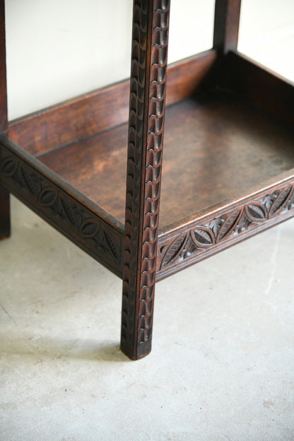 Arts and Crafts Carved Oak Side Table with Lift Up Top