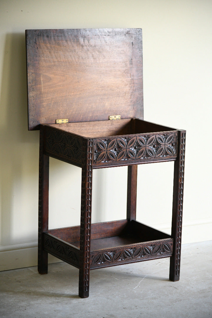 Arts and Crafts Carved Oak Side Table with Lift Up Top
