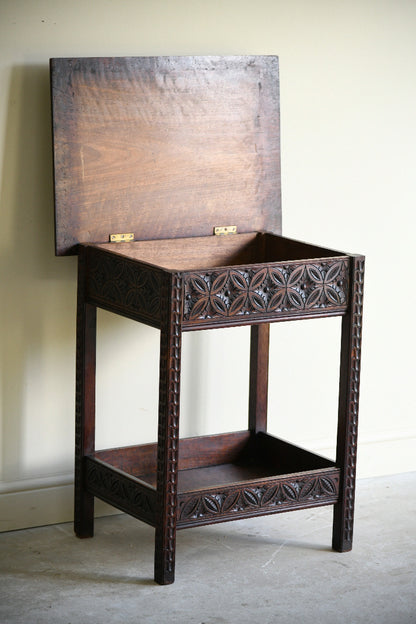 Arts and Crafts Carved Oak Side Table with Lift Up Top