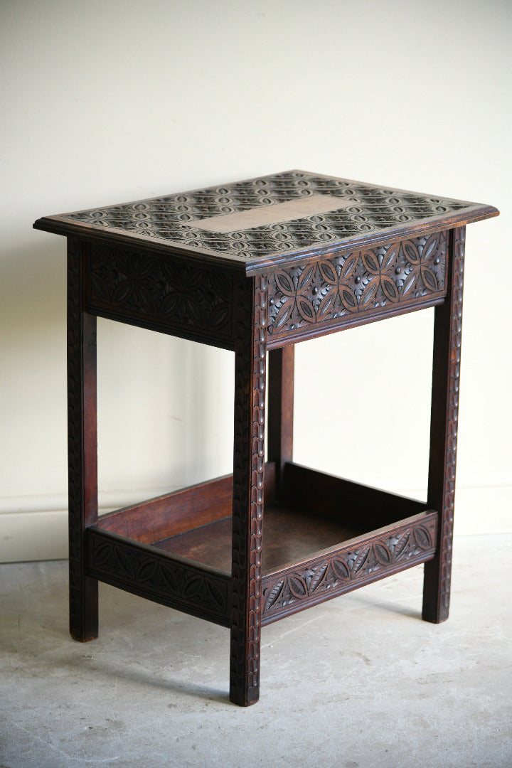 Arts and Crafts Carved Oak Side Table with Lift Up Top