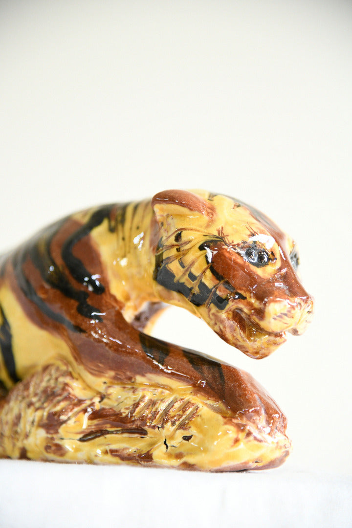 Vintage Glazed Terracotta Reclining Tiger Folk Art Sculpture