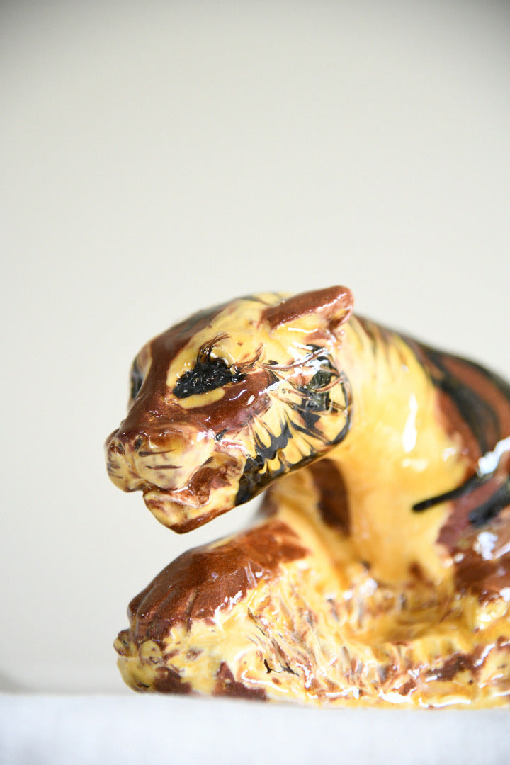 Vintage Glazed Terracotta Reclining Tiger Folk Art Sculpture