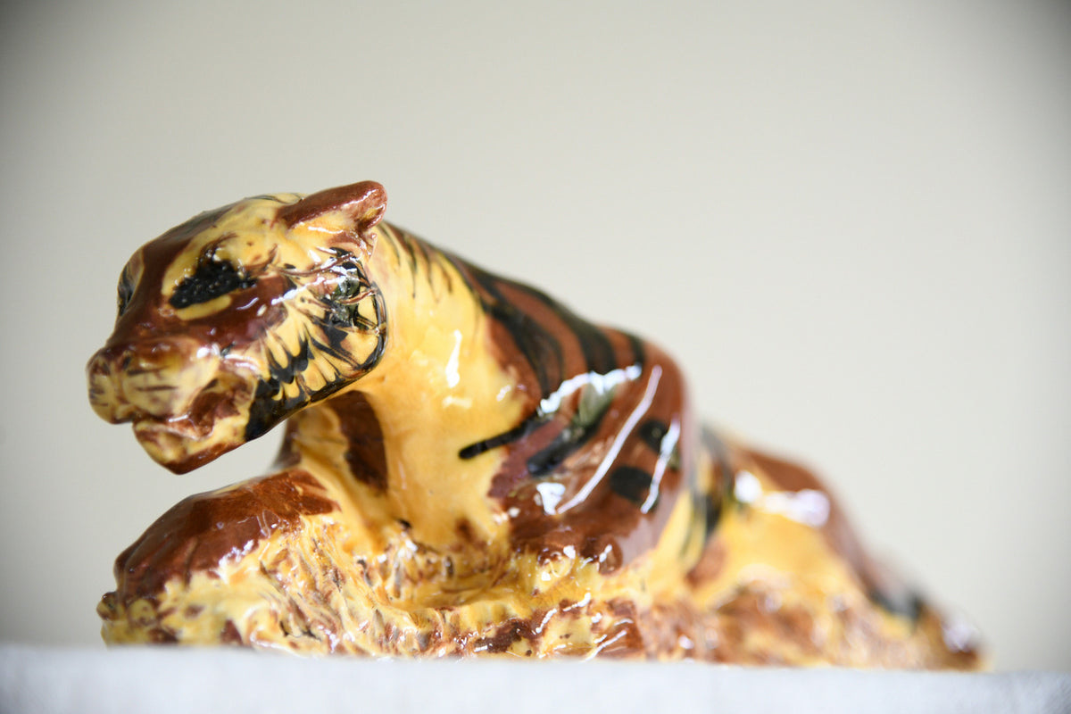 Vintage Glazed Terracotta Reclining Tiger Folk Art Sculpture