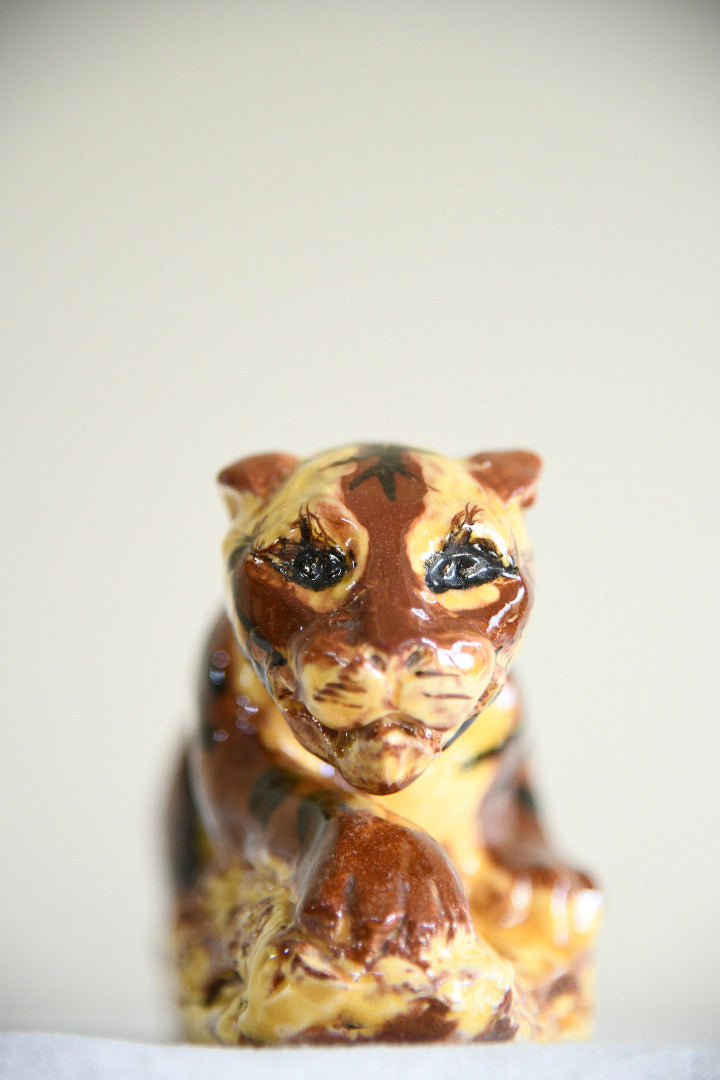 Vintage Glazed Terracotta Reclining Tiger Folk Art Sculpture
