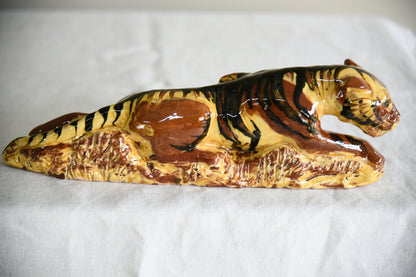 Vintage Glazed Terracotta Reclining Tiger Folk Art Sculpture