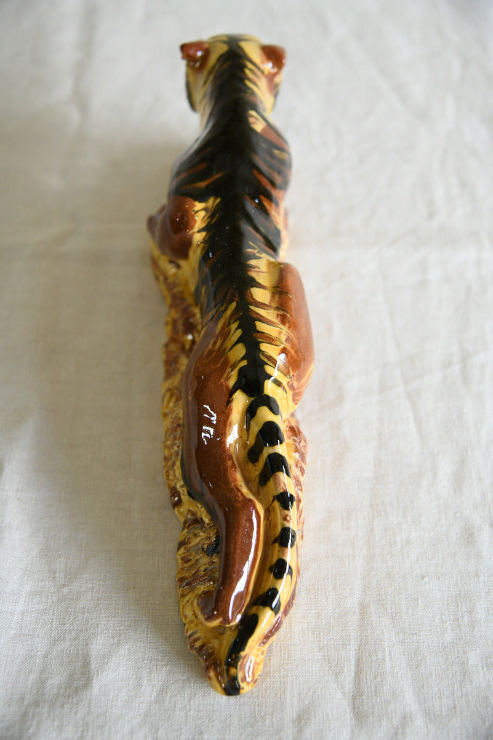 Vintage Glazed Terracotta Reclining Tiger Folk Art Sculpture