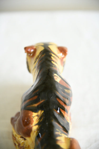 Vintage Glazed Terracotta Reclining Tiger Folk Art Sculpture