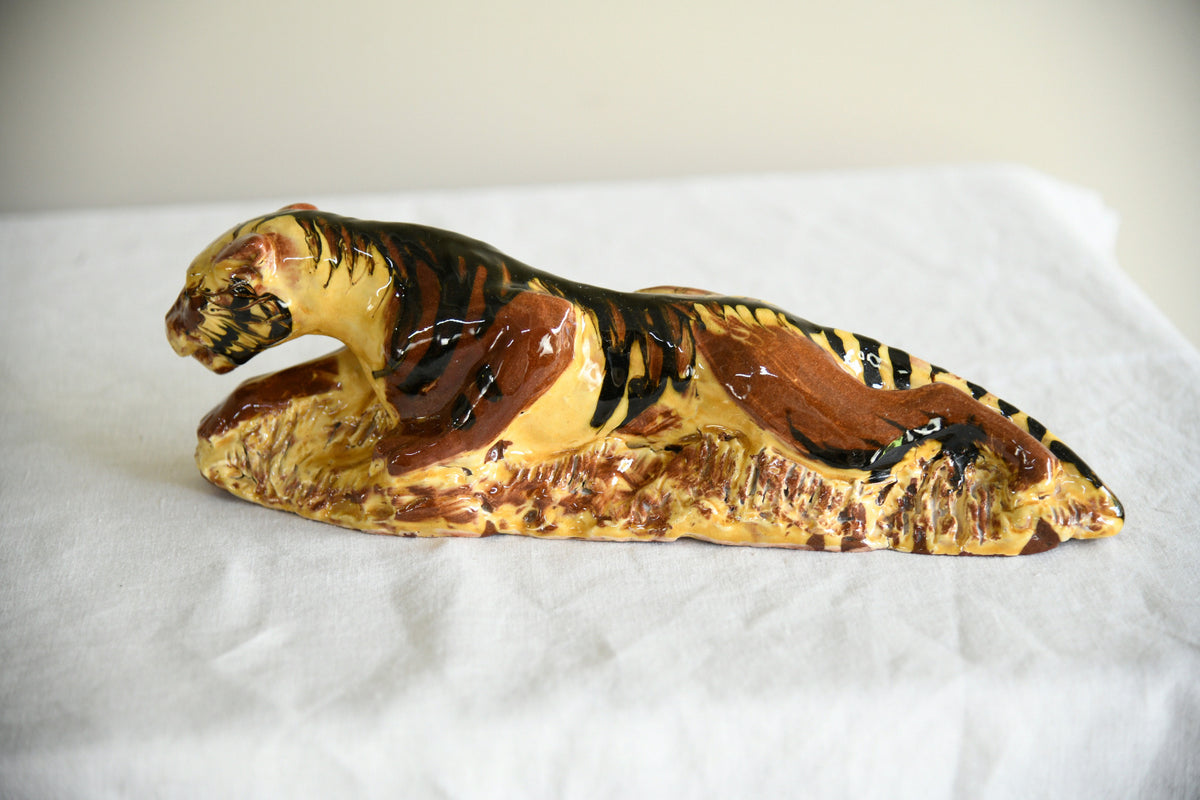 Vintage Glazed Terracotta Reclining Tiger Folk Art Sculpture