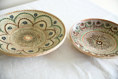 Pair Vintage Romanian Horezu Hand Painted Slipware Pottery Bowls