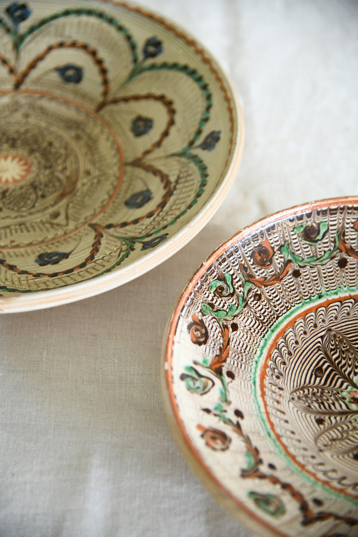 Pair Vintage Romanian Horezu Hand Painted Slipware Pottery Bowls