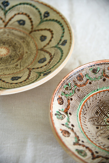 Pair Vintage Romanian Horezu Hand Painted Slipware Pottery Bowls